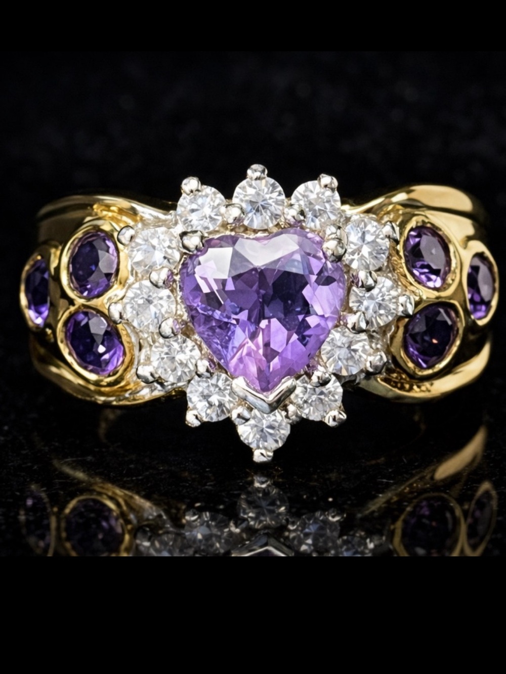 Suzanne Somers vintage amethyst heart round cut CZ Cocktail ring gold HSN